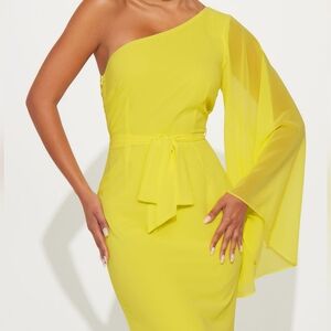 Fashion Nova One-Shoulder Long Sleeve Yellow Dress